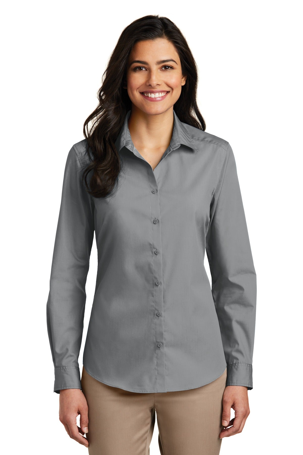 Port Authority Women's Long Sleeve Carefree Poplin Shirt. LW100 Gusty Grey