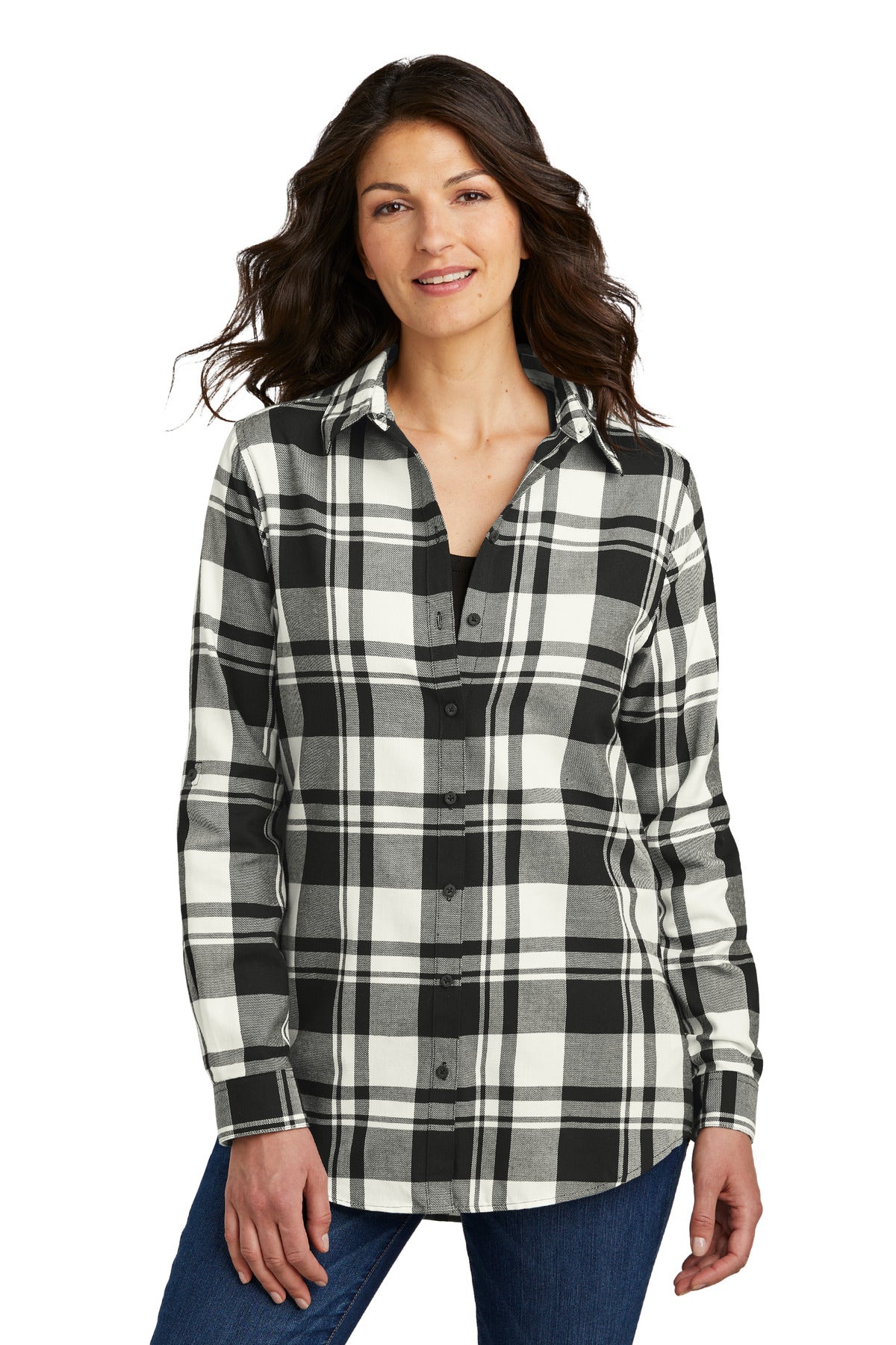 Port Authority Women's Plaid Flannel Tunic . LW668 Snow White/ Black