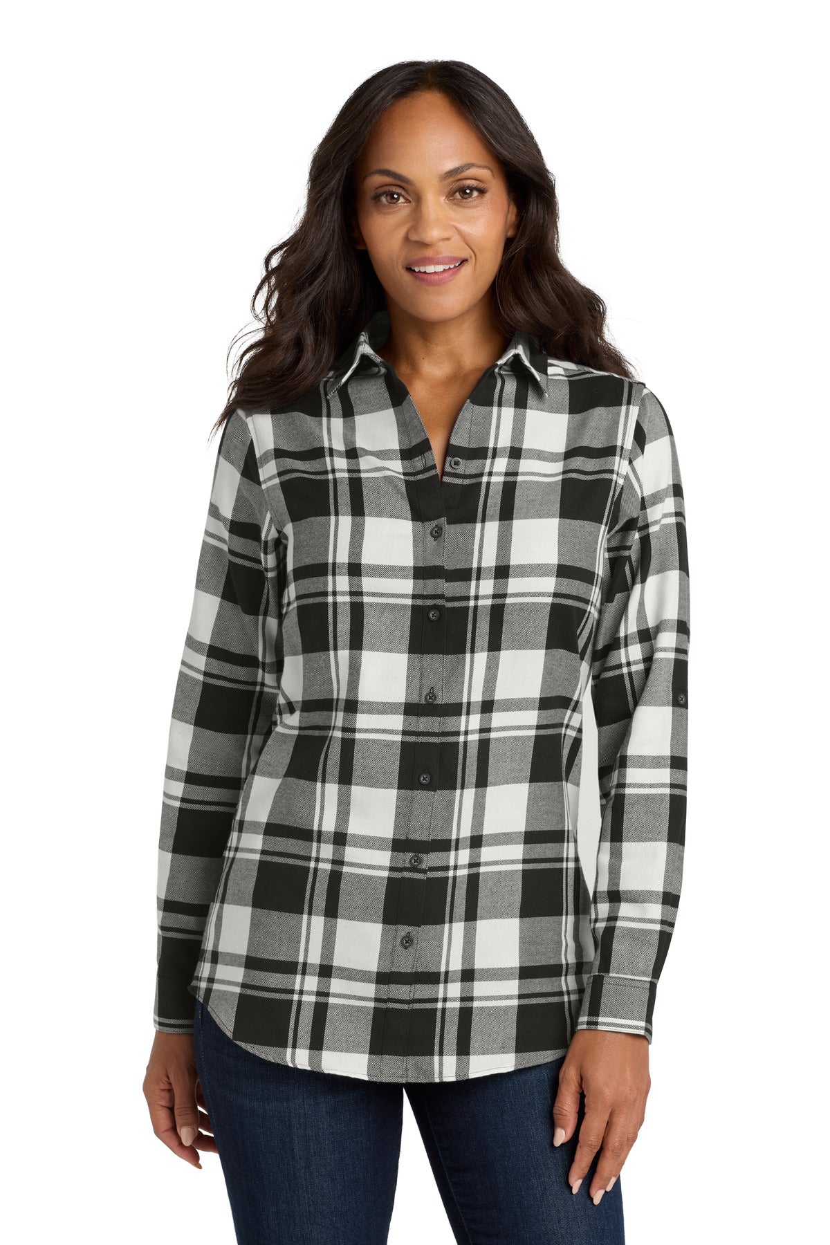 Port Authority Women's Plaid Flannel Tunic  LW668 Snow White/ Black