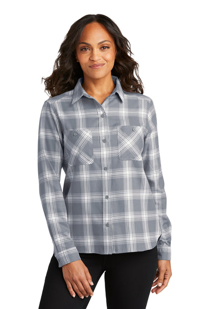 Port Authority Women's Plaid Flannel Shirt LW669 Grey/ Cream Open Plaid