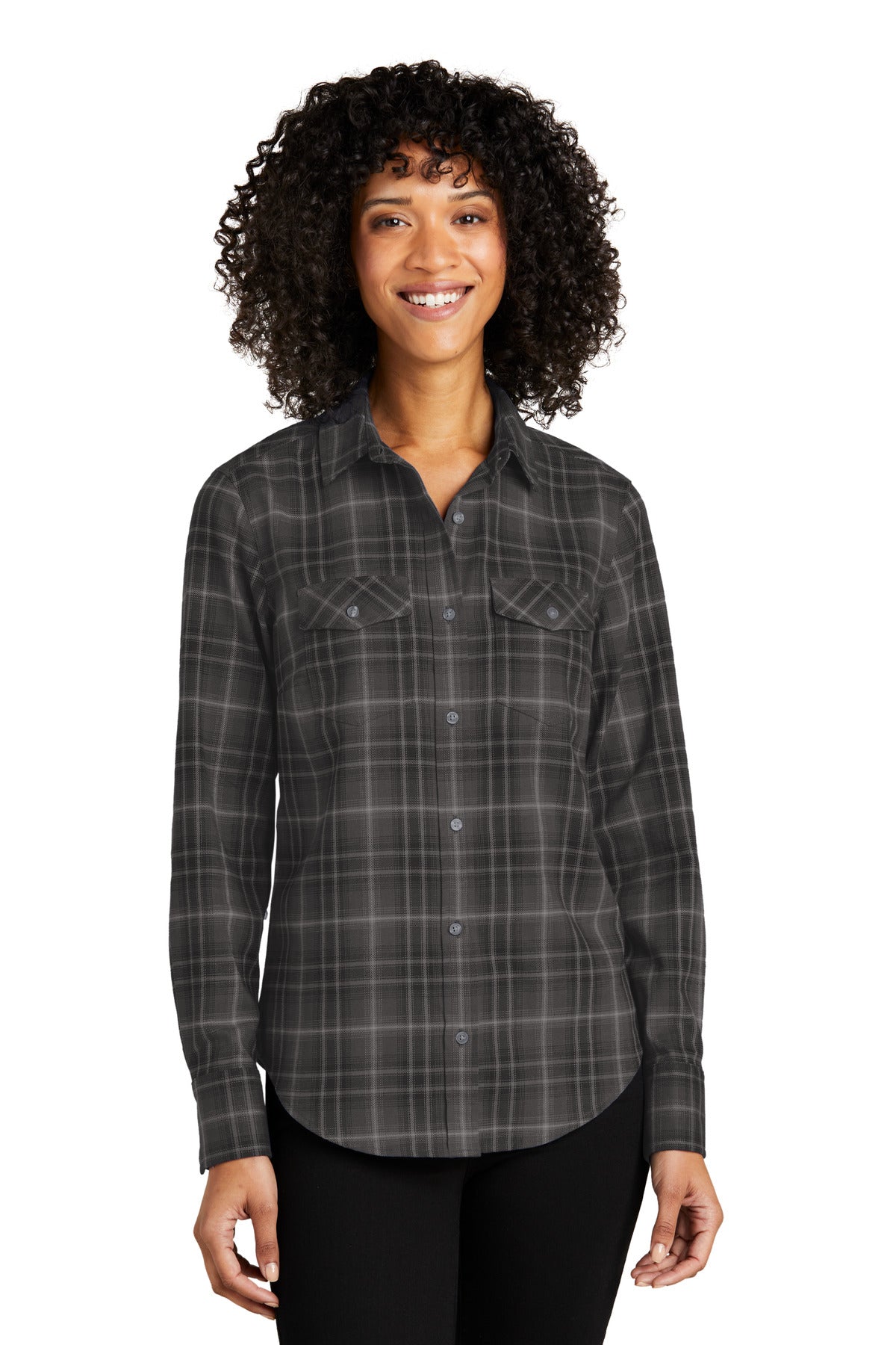 Port Authority Women's Long Sleeve Ombre Plaid Shirt LW672 Deep Black