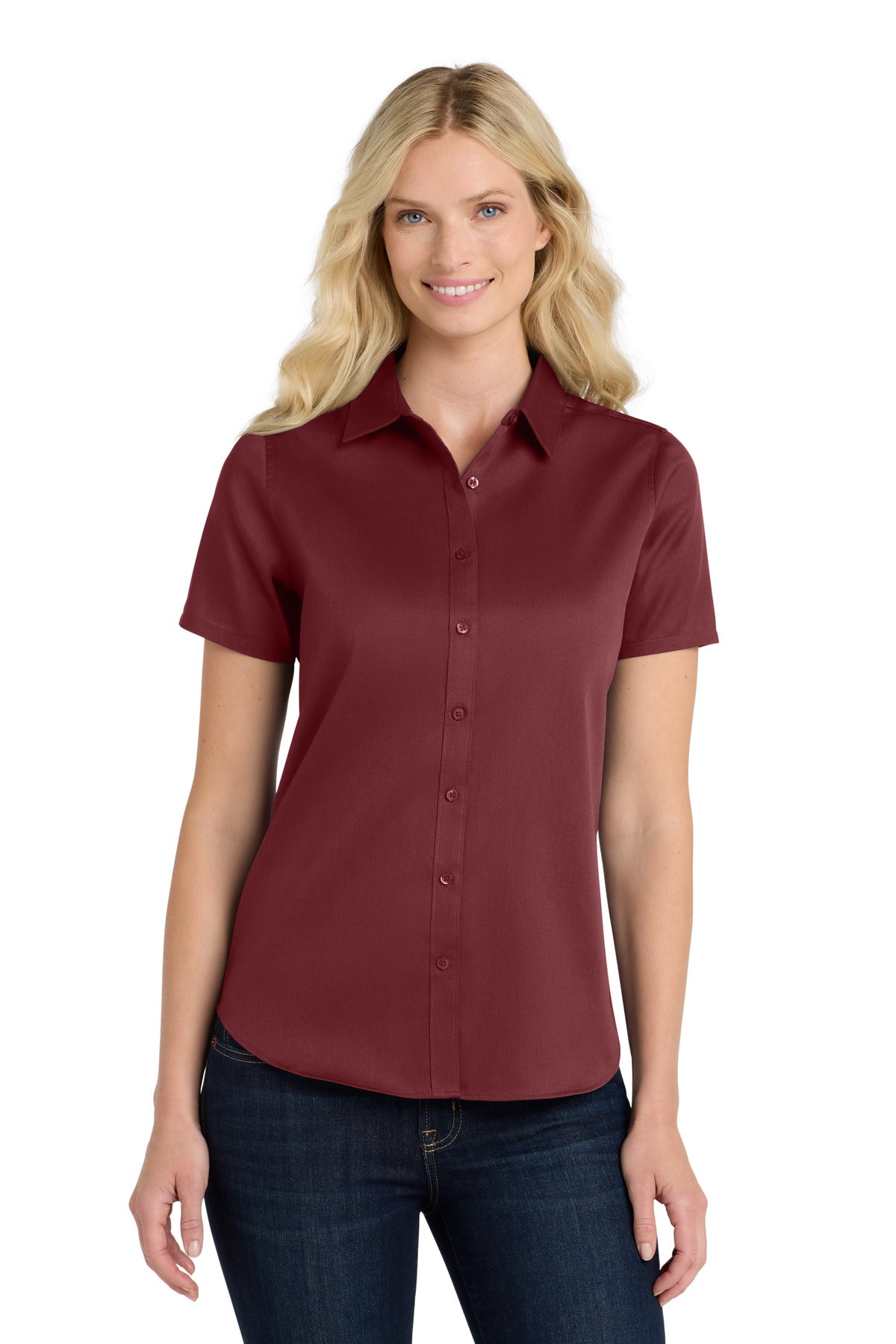 Port Authority Women's Short Sleeve SuperPro ReactTwill Shirt. LW809 Burgundy