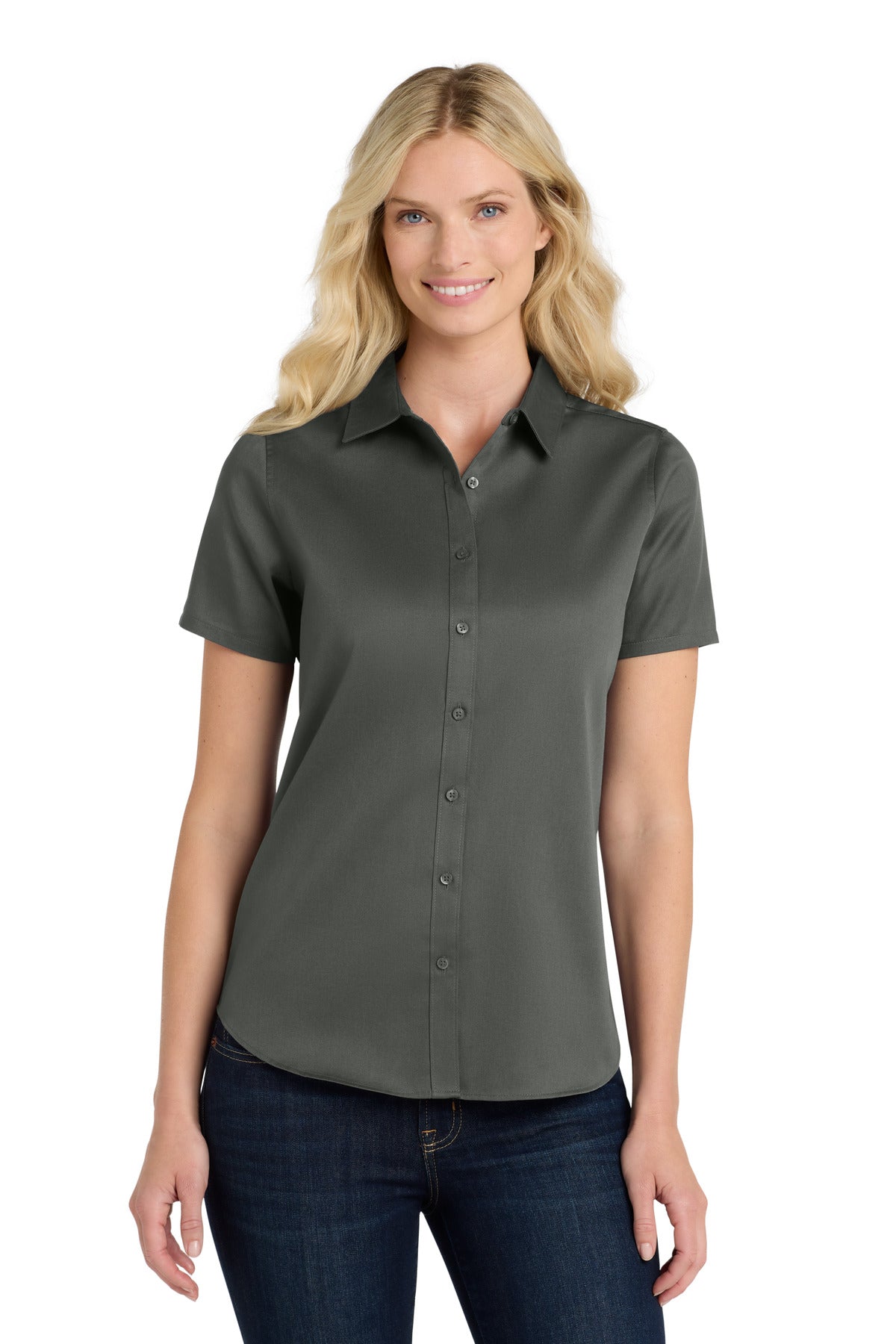 Port Authority Women's Short Sleeve SuperPro ReactTwill Shirt. LW809 Storm Grey