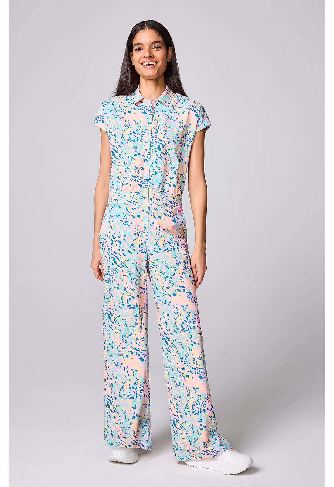 Amp MC00019 Women's Printed Dolman Wide Leg Jumpsuit Tutti Fruitti Tiger