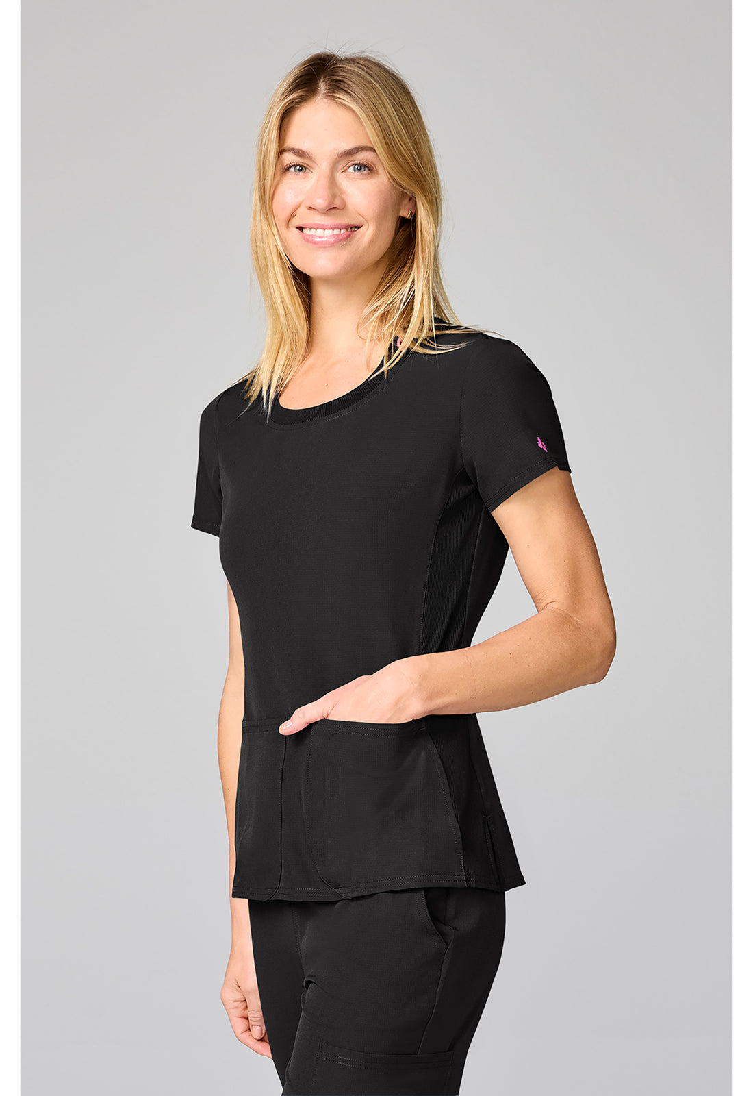 Amp MC00027 Women's Four Pocket Round Neck Scrub Top Black