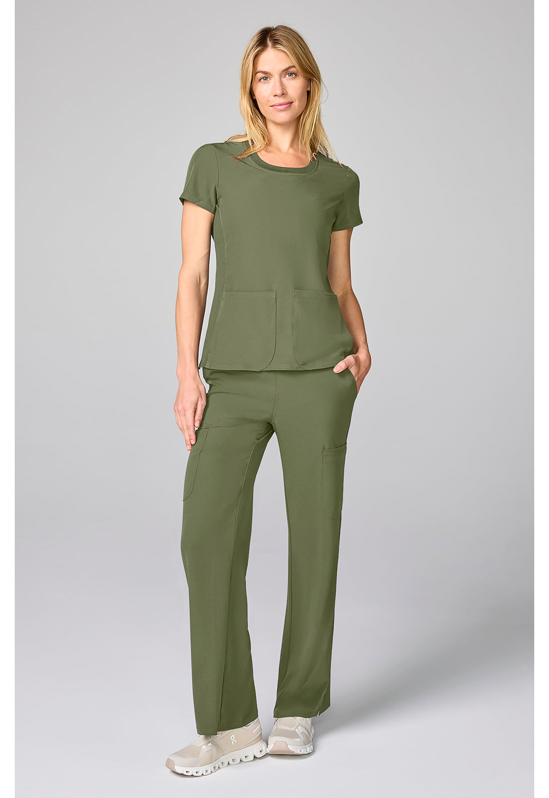 Amp MC00027 Women's Four Pocket Round Neck Scrub Top Olive