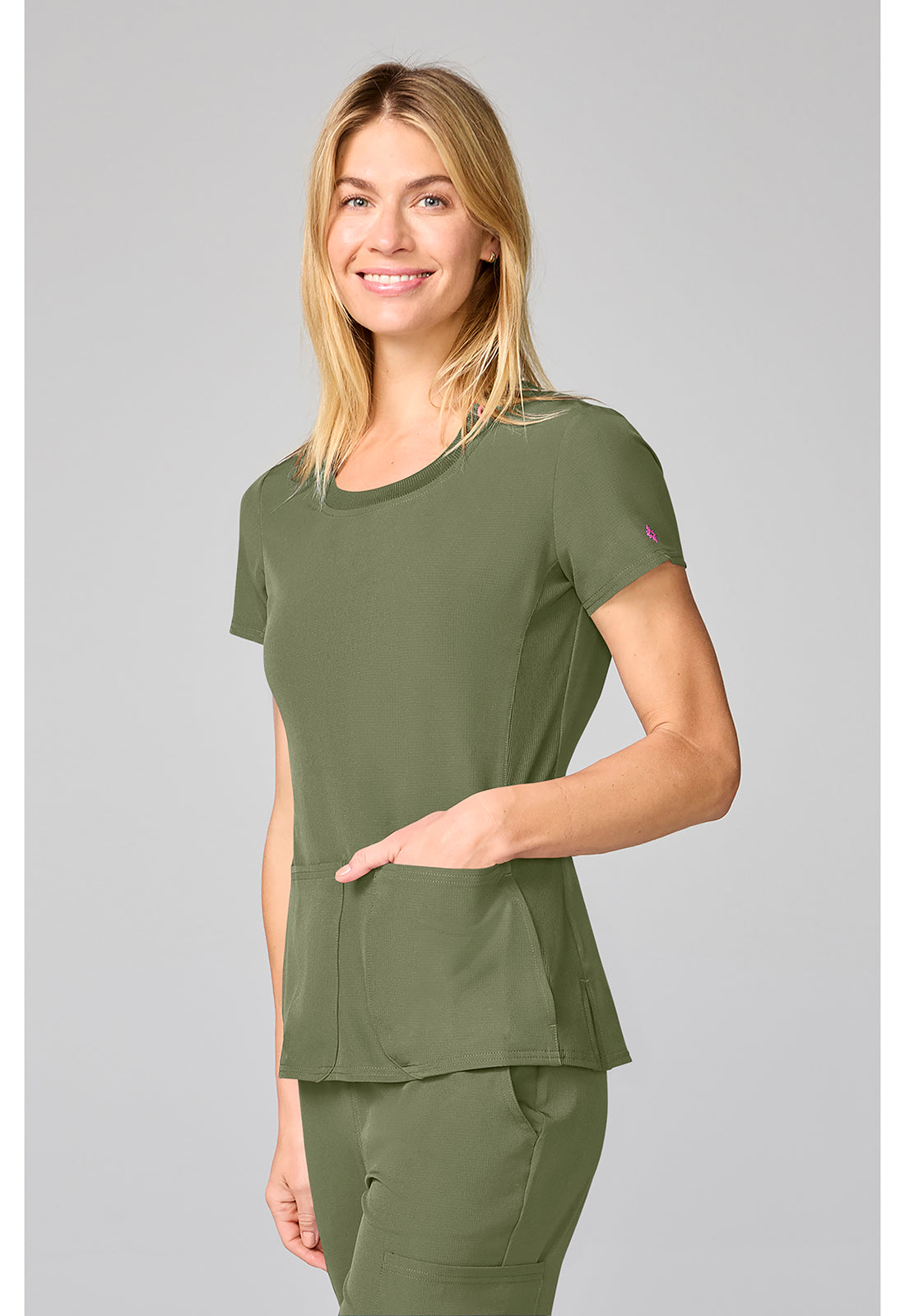 Amp MC00027 Women's Four Pocket Round Neck Scrub Top Olive