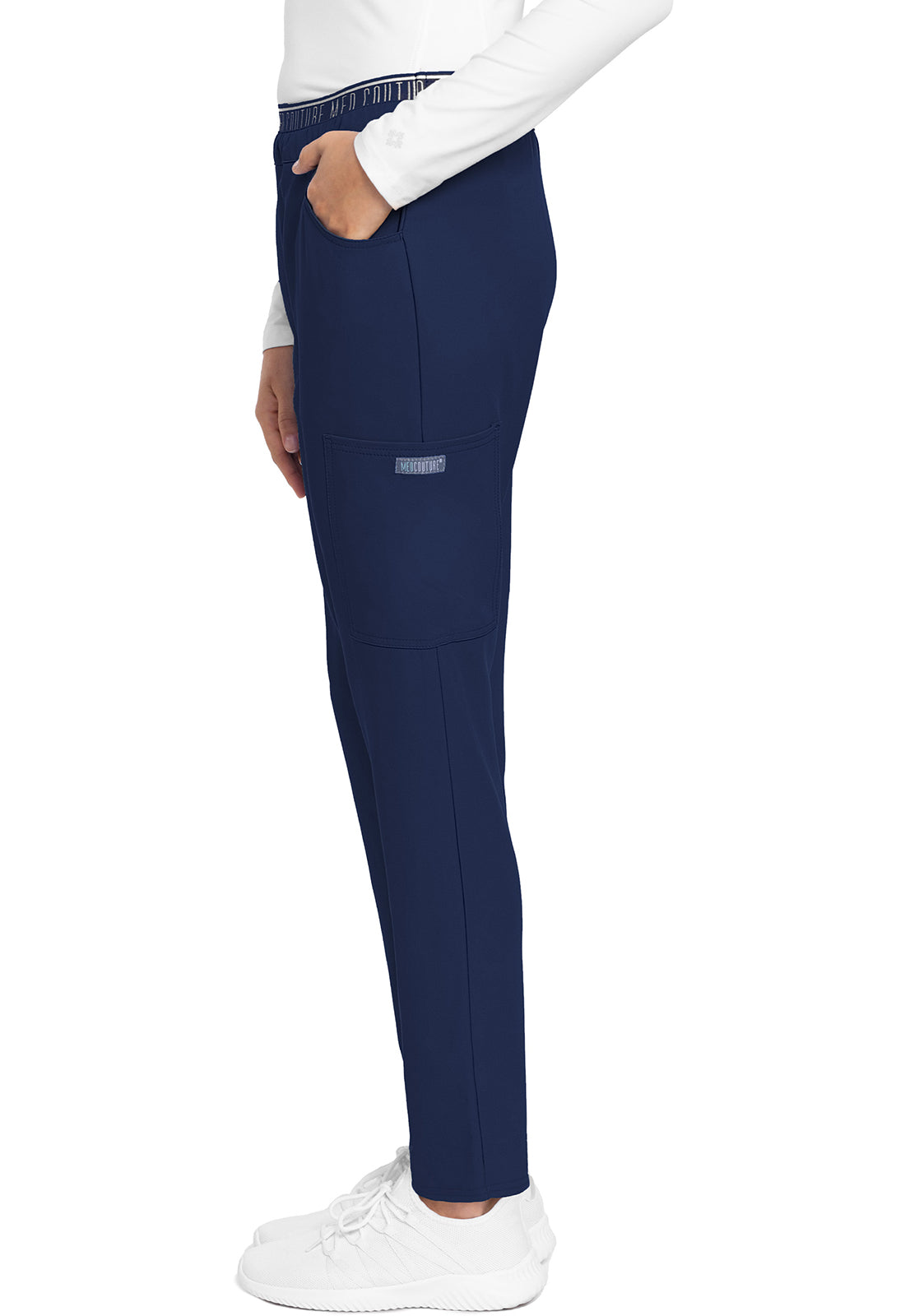 Insight MC009 Mid Rise Pull-on Tapered Leg Ankle Pants Navy Model Image Right Side | Med Couture