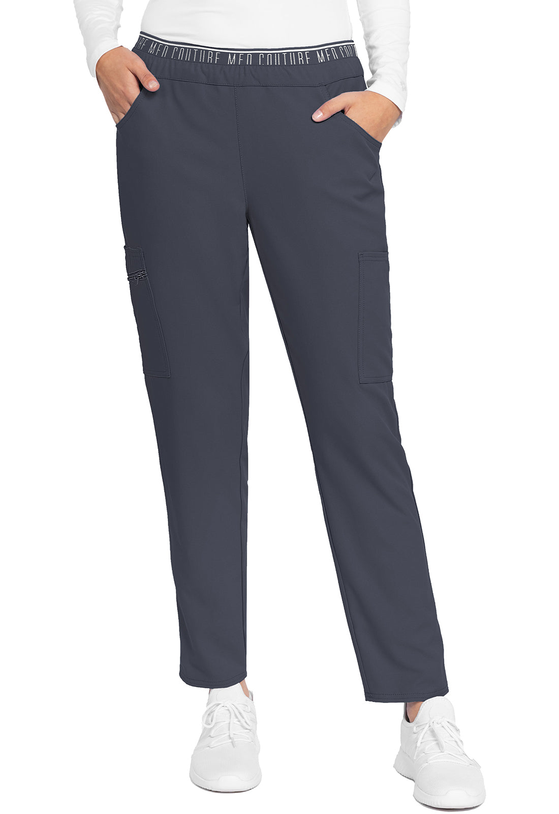 Insight MC009 Mid Rise Pull-on Tapered Leg Ankle Pants Pewter Model Image Front | Med Couture