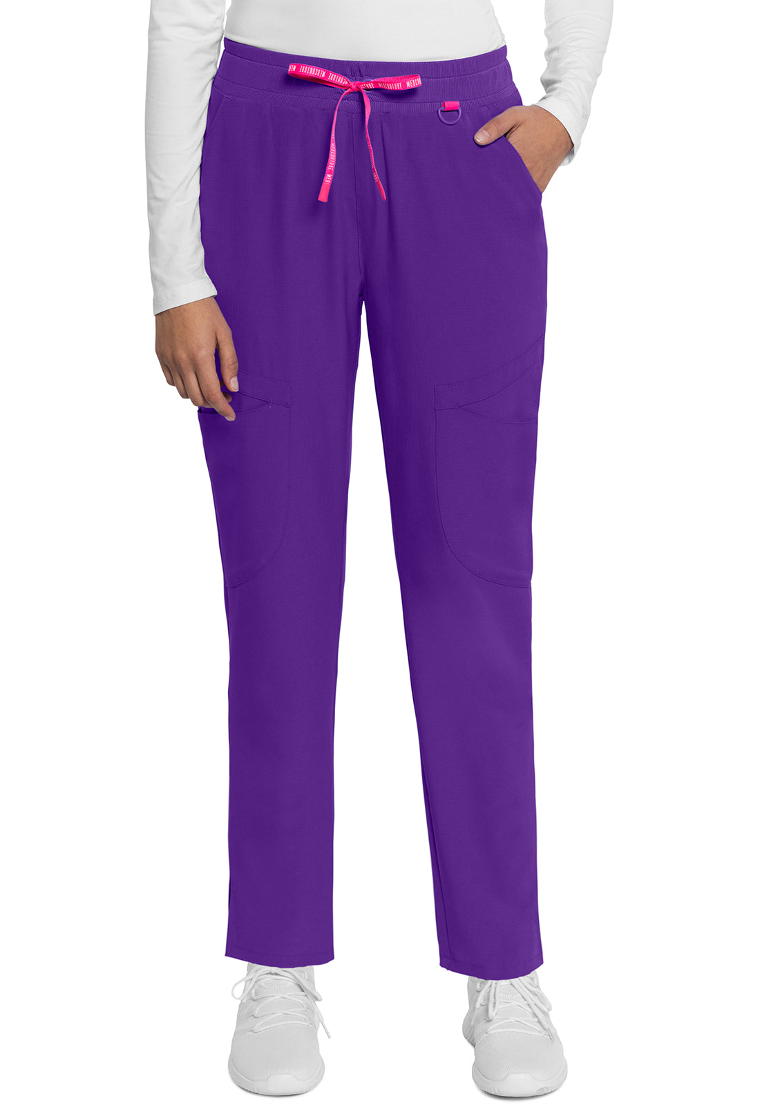 AMP MC101 Mid Rise Drawstring Tapered Leg Pants Purple Surge Model Image Front | Med Couture