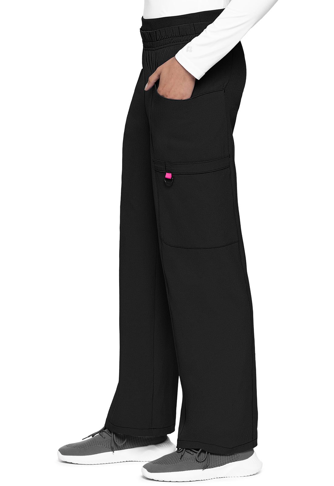 AMP MC105 High Rise Pull-on Wide Leg Cargo Pants Black Model Image Right Side | Med Couture