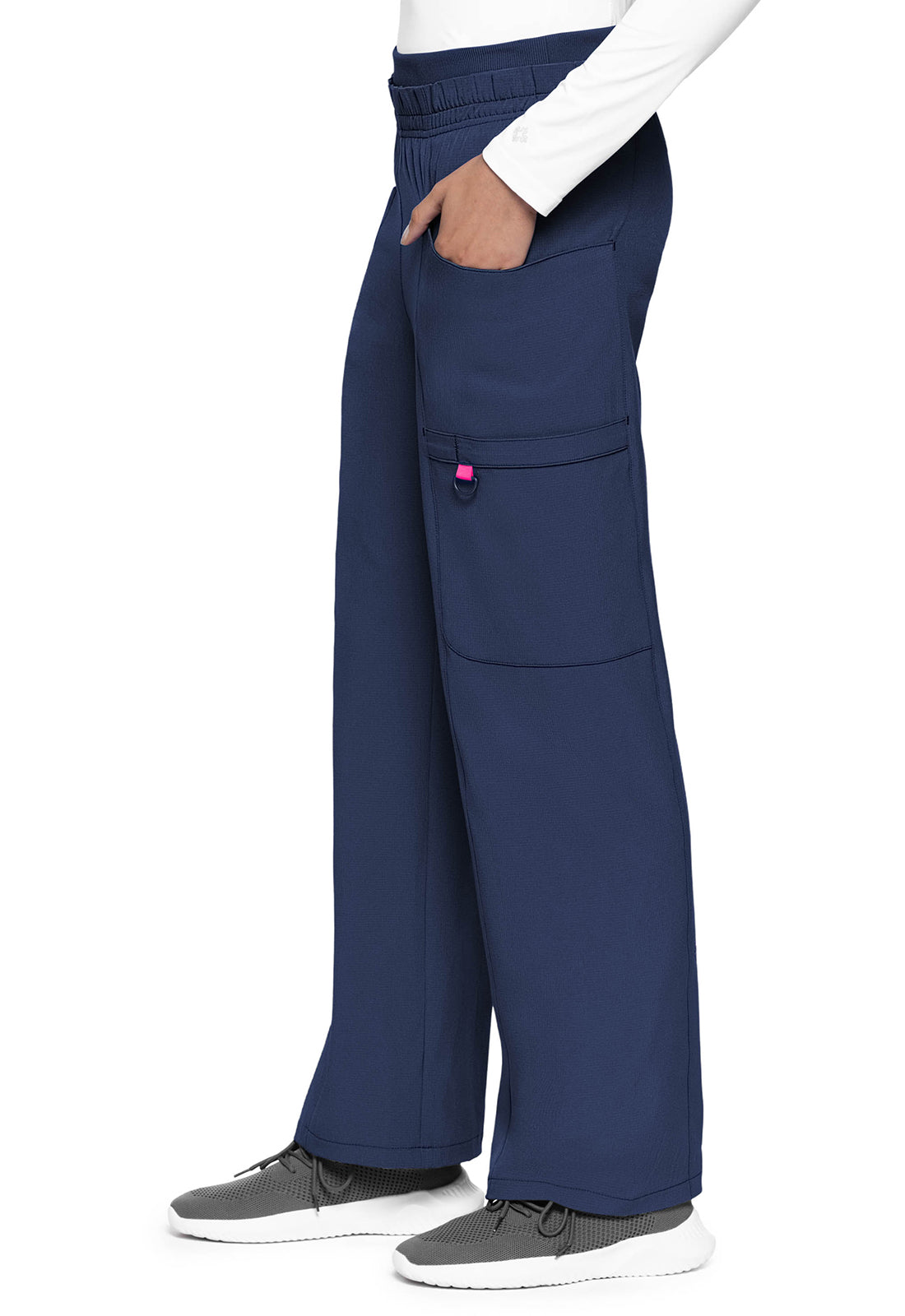 AMP MC105 High Rise Pull-on Wide Leg Cargo Pants Navy Model Image Right Side | Med Couture