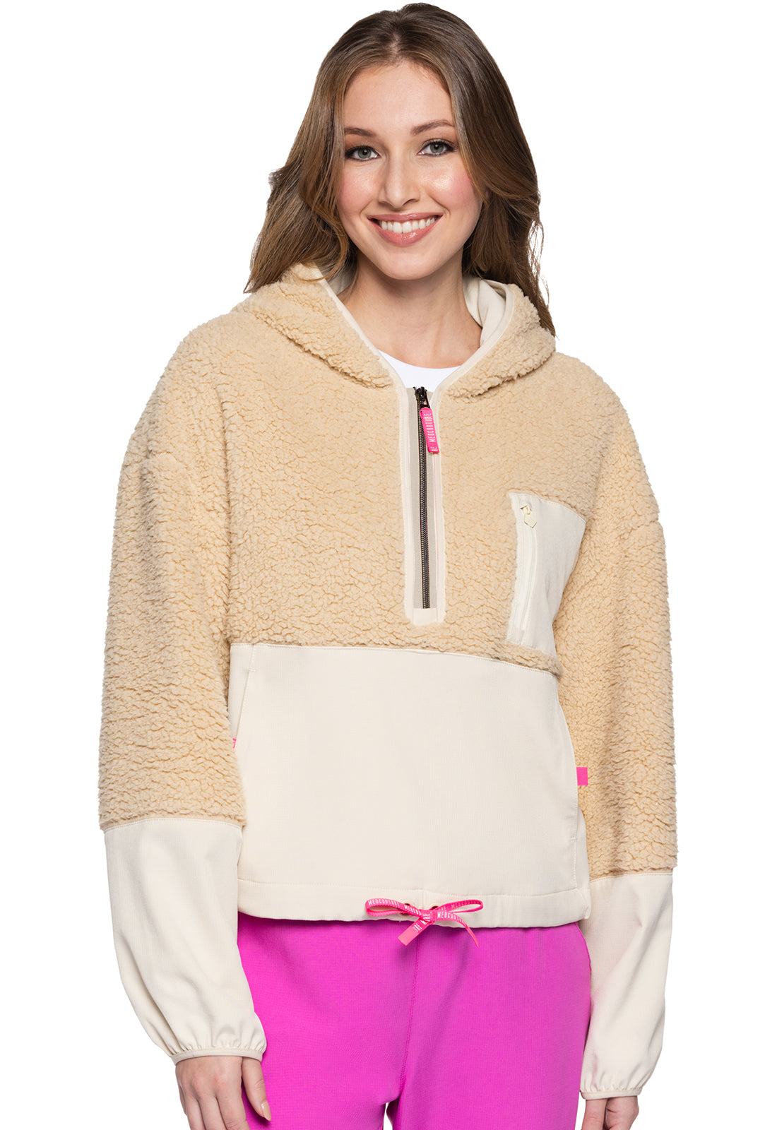 Lifestyle MC315 Two-Tone Sherpa Hooded Zip Pullover Nitro Nude Model Image Front | Med Couture