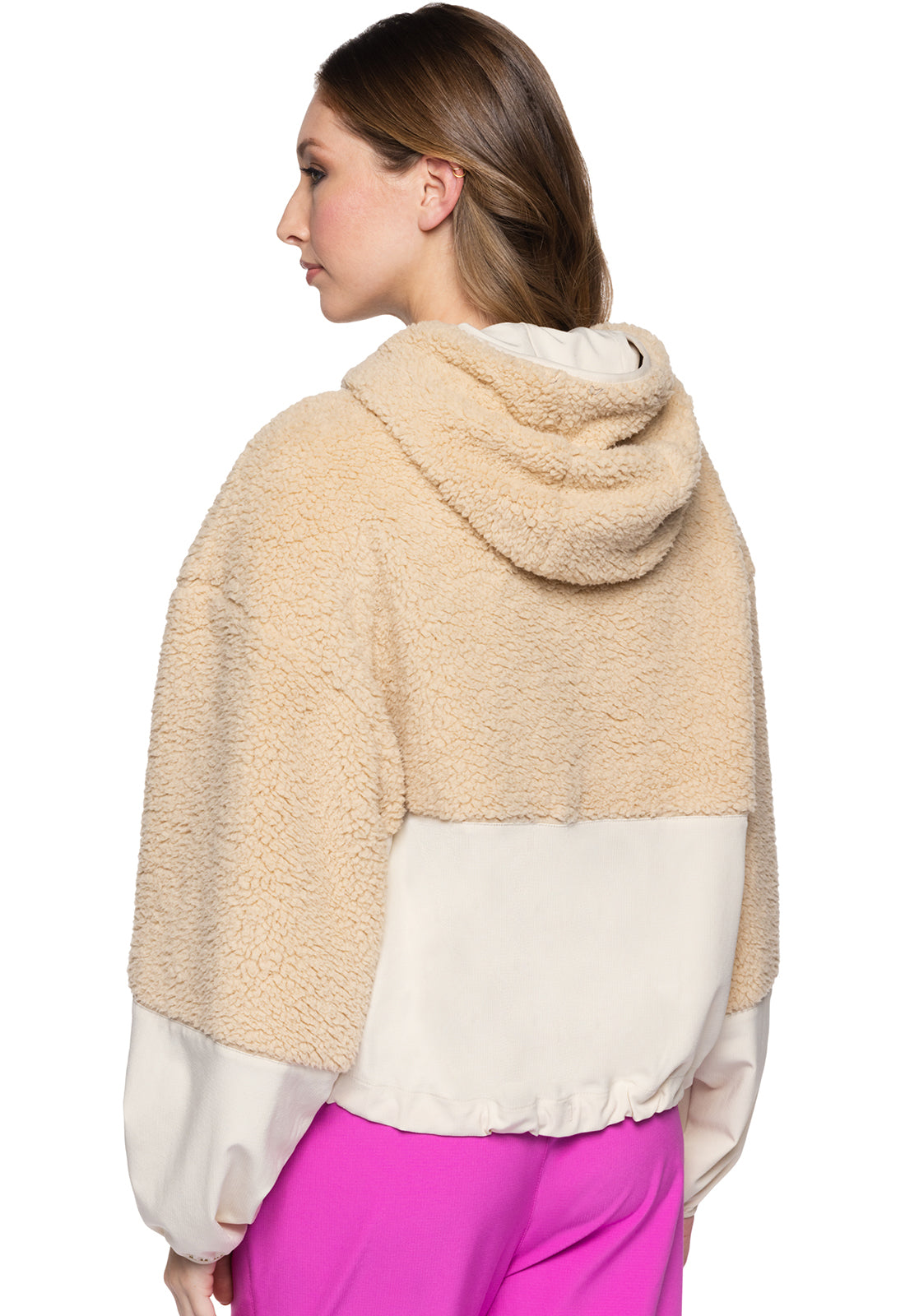 Lifestyle MC315 Two-Tone Sherpa Hooded Zip Pullover Nitro Nude Model Image Back | Med Couture