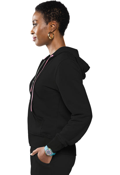 Lifestyle MC316 Fleece Zip Front Logo Hoodie Black Model Image Right Side | Med Couture