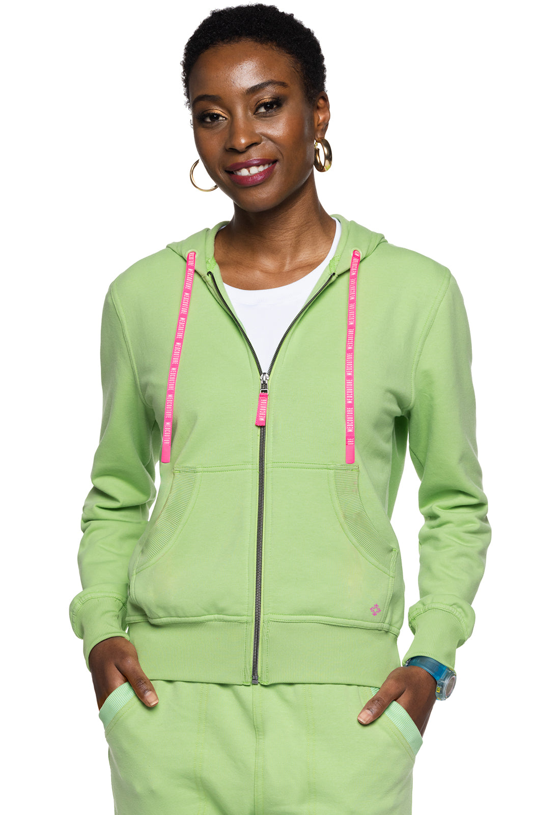 Lifestyle MC316 Fleece Zip Front Logo Hoodie Cyber Lime Model Image Front | Med Couture