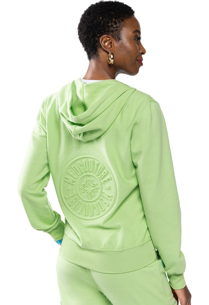 Lifestyle MC316 Fleece Zip Front Logo Hoodie Cyber Lime Model Image Back | Med Couture