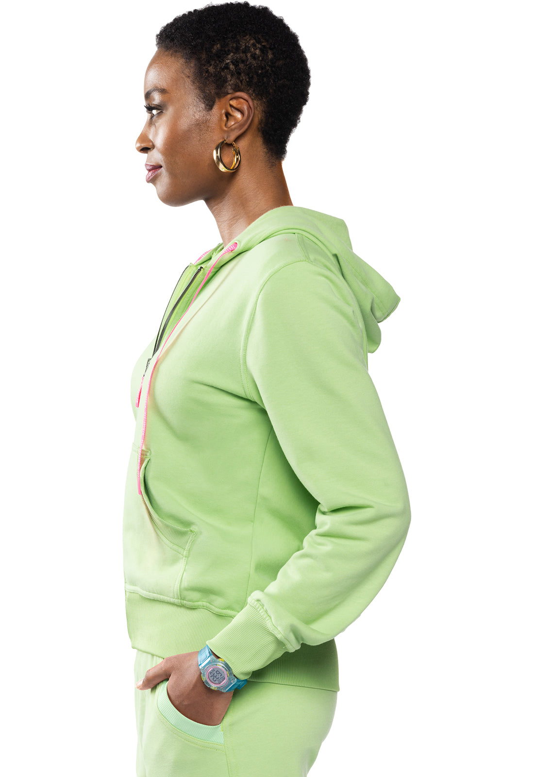 Lifestyle MC316 Fleece Zip Front Logo Hoodie Cyber Lime Model Image Right Side | Med Couture