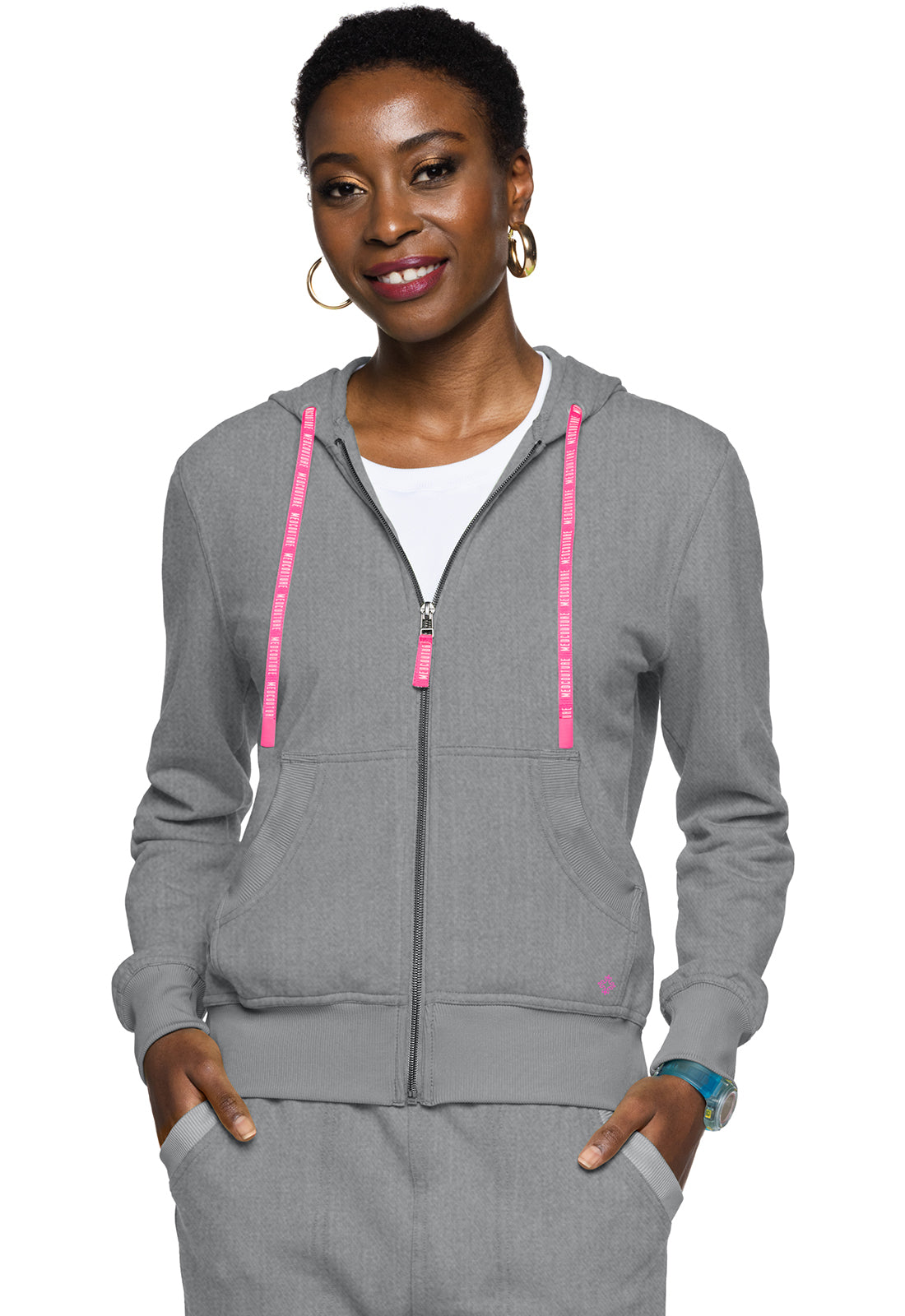 Lifestyle MC316 Fleece Zip Front Logo Hoodie Heather Gray Model Image Front | Med Couture