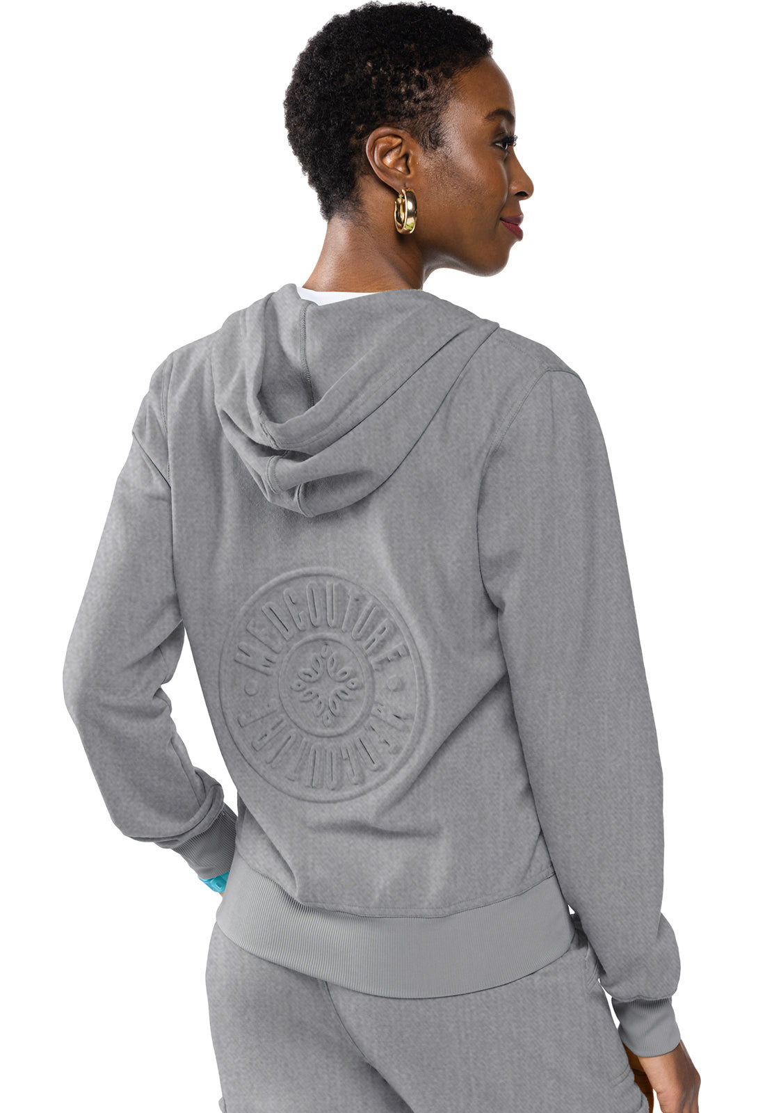 Lifestyle MC316 Fleece Zip Front Logo Hoodie Heather Gray Model Image Back | Med Couture