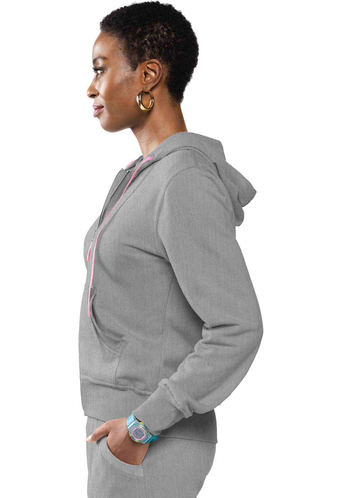 Lifestyle MC316 Fleece Zip Front Logo Hoodie Heather Gray Model Image Right Side | Med Couture