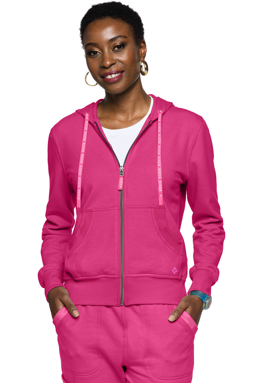 Lifestyle MC316 Fleece Zip Front Logo Hoodie Pink Power Model Image Front | Med Couture