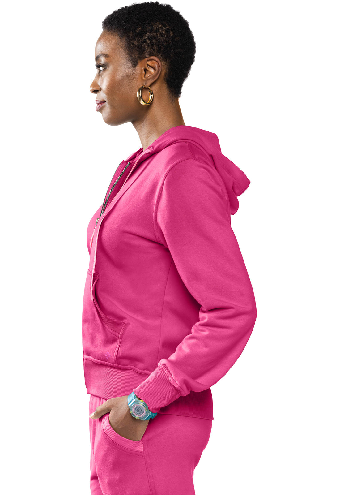 Lifestyle MC316 Fleece Zip Front Logo Hoodie Pink Power Model Image Right Side | Med Couture