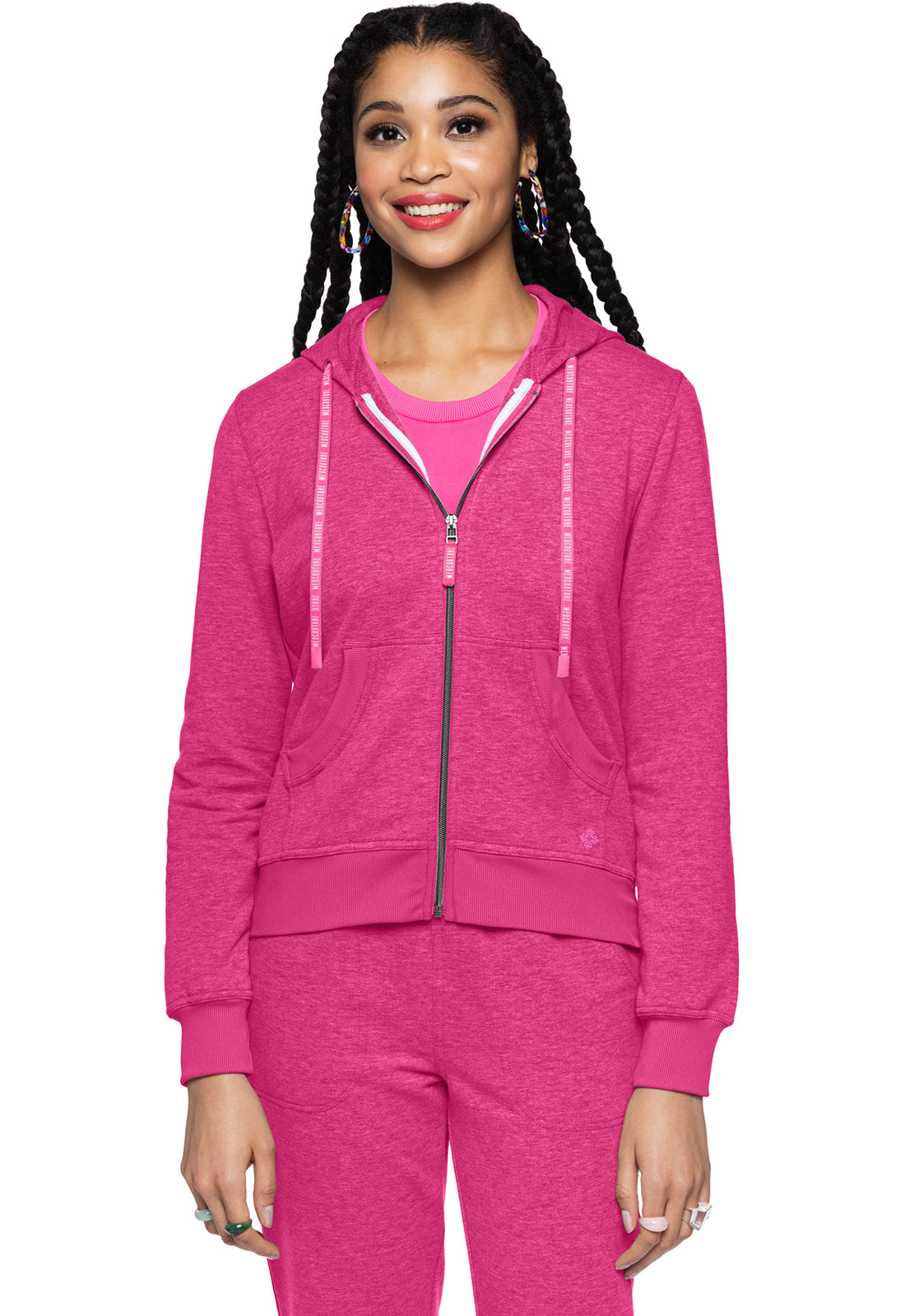 Lifestyle MC316 Fleece Zip Front Logo Hoodie Pink Power Model Image Left Side | Med Couture