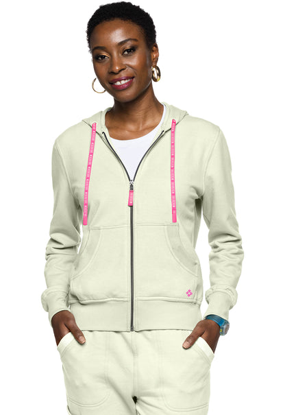 Lifestyle MC316 Fleece Zip Front Logo Hoodie Sweet Cream Model Image Front | Med Couture