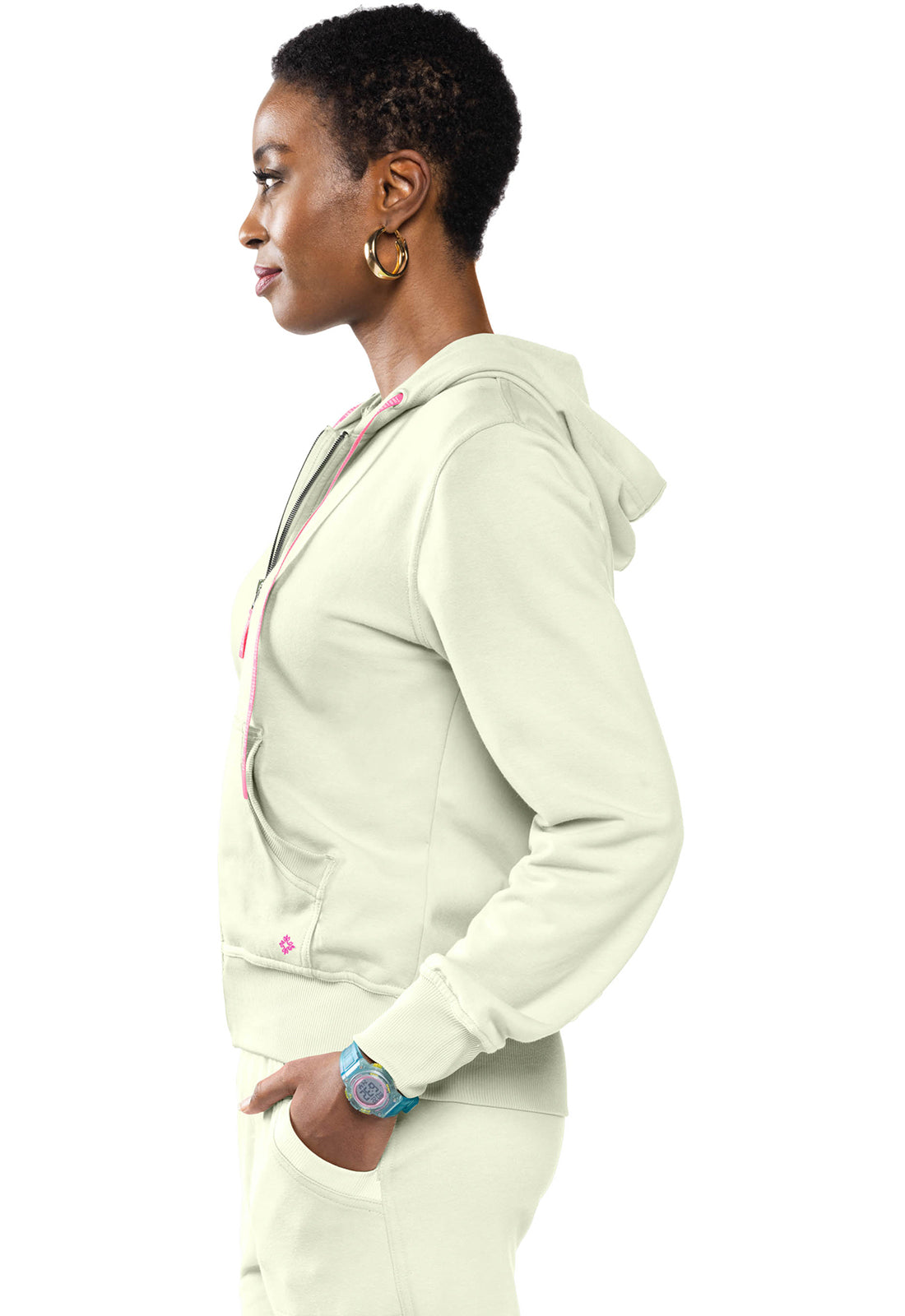 Lifestyle MC316 Fleece Zip Front Logo Hoodie Sweet Cream Model Image Right Side | Med Couture