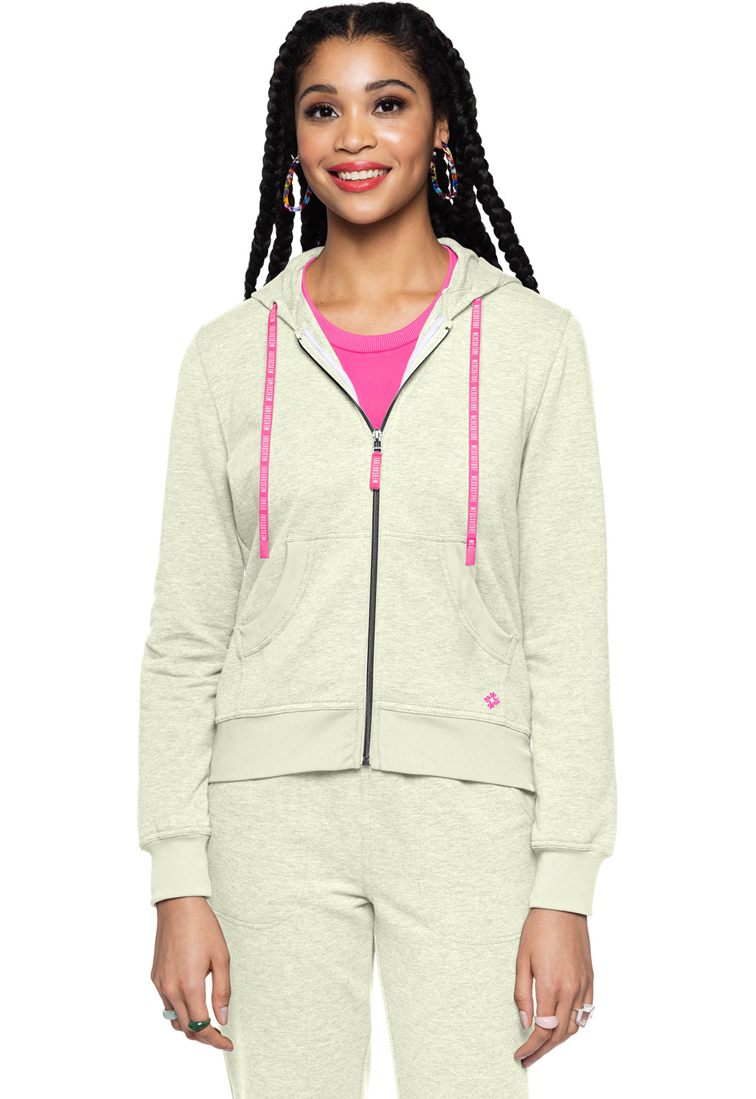 Lifestyle MC316 Fleece Zip Front Logo Hoodie Sweet Cream Model Image Left Side | Med Couture