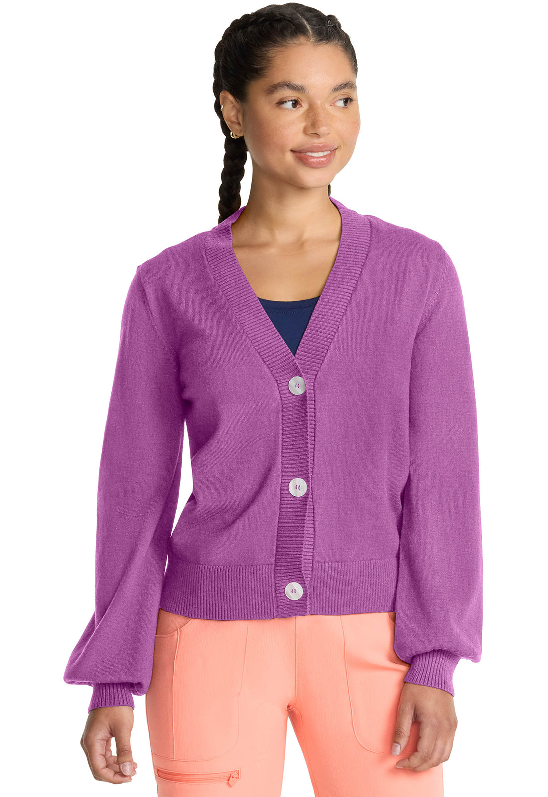 Layers MC320 Sweater Knit Cardigan Heather Orchid Model Image Front | Med Couture