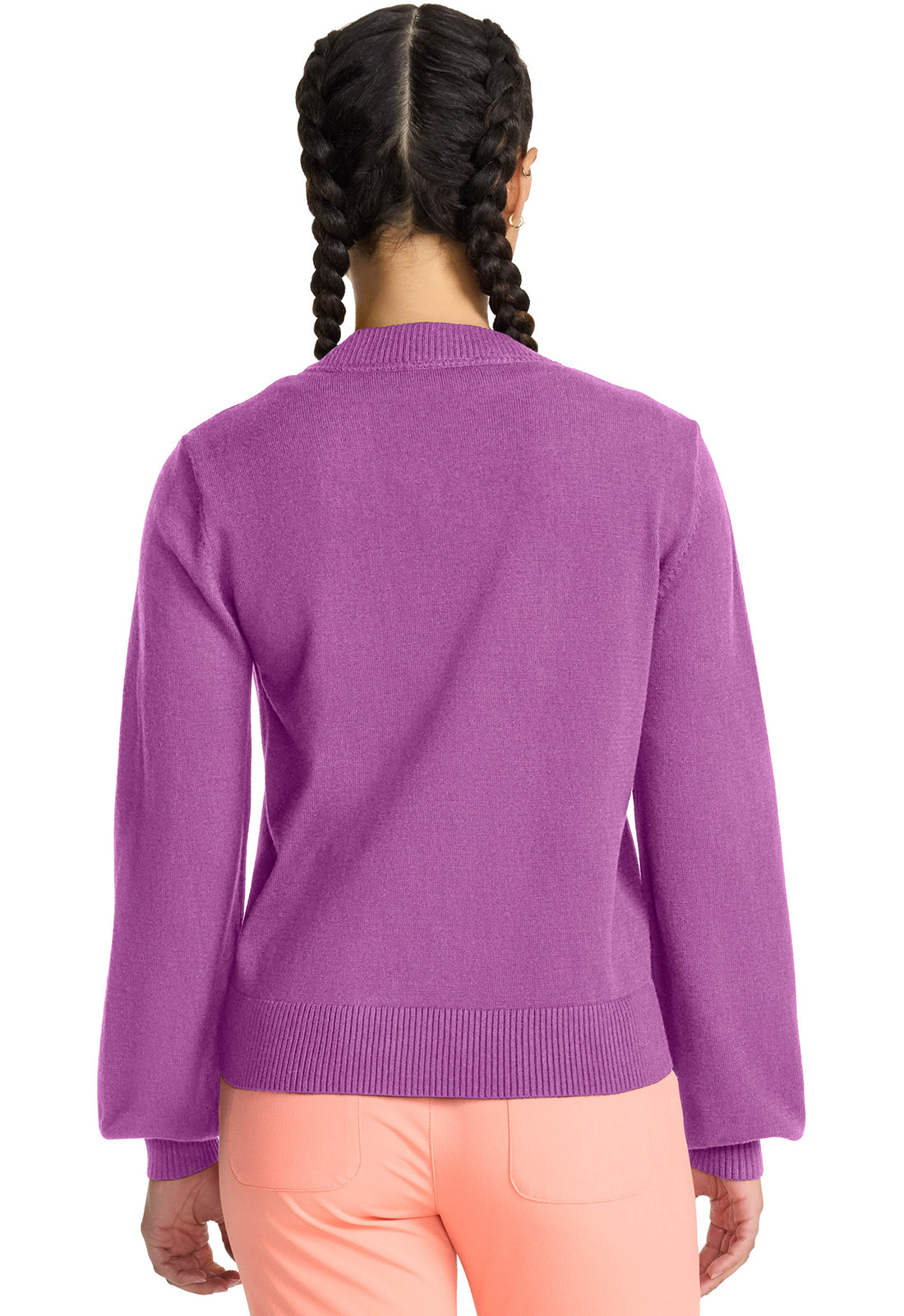 Layers MC320 Sweater Knit Cardigan Heather Orchid Model Image Back | Med Couture