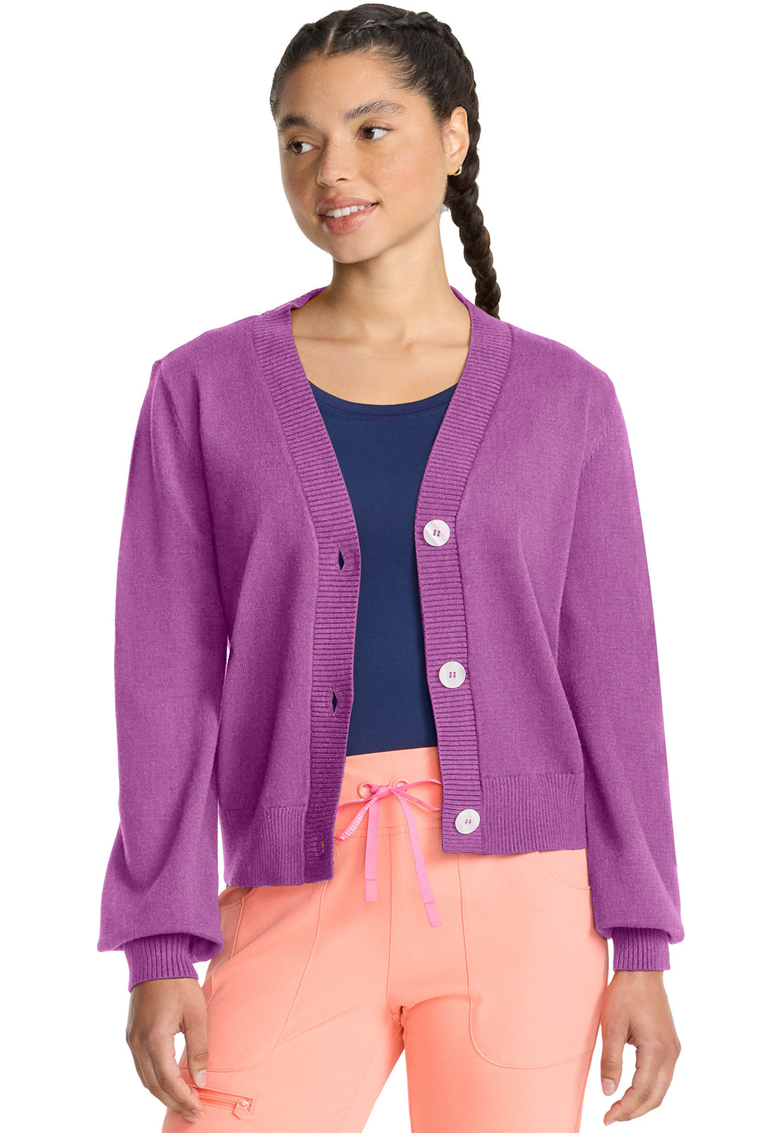 Layers MC320 Sweater Knit Cardigan Heather Orchid Model Image Right Side | Med Couture