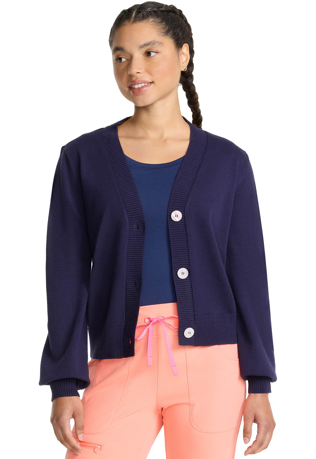 Layers MC320 Sweater Knit Cardigan Navy Model Image Right Side | Med Couture