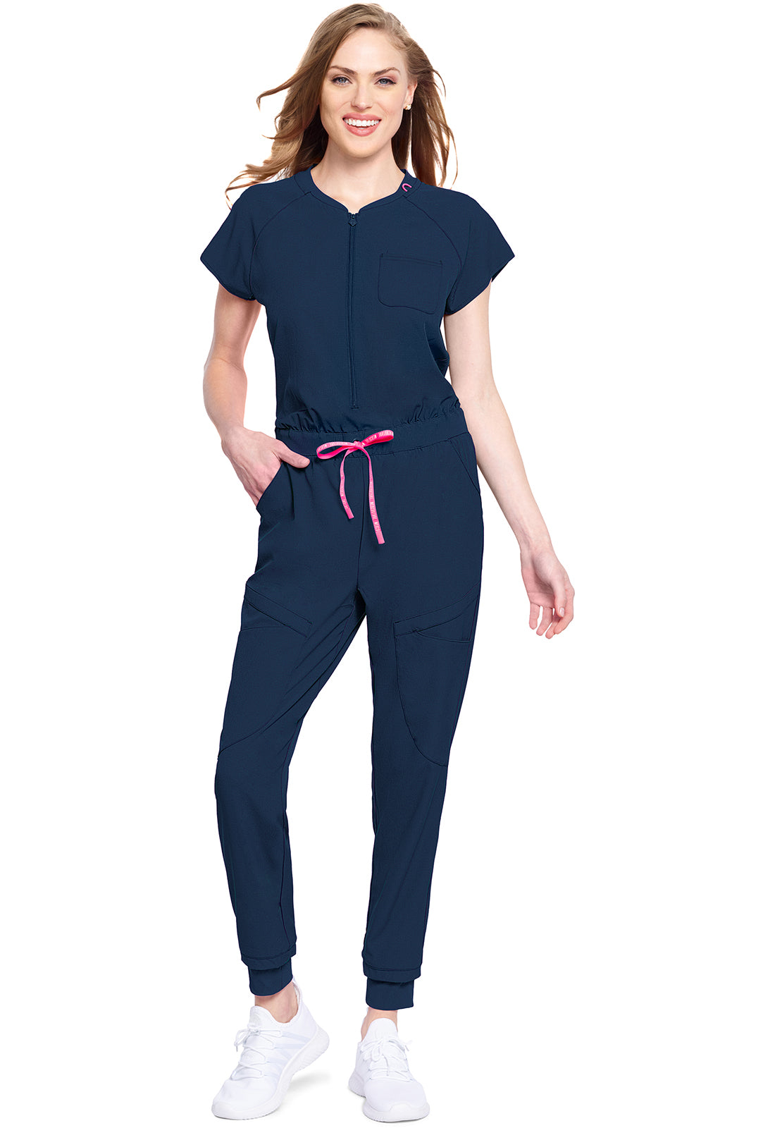 AMP MC502 Zip Front Jumpsuit Navy Model Image Front | Med Couture