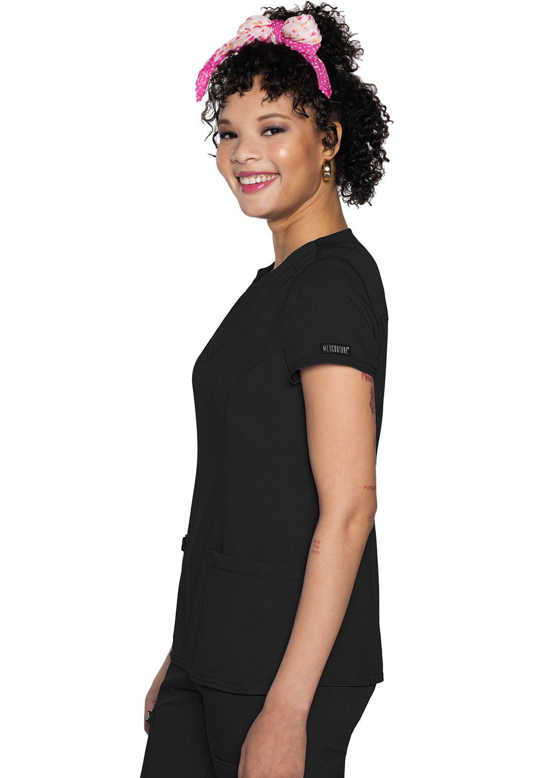 Touch MC607 Split Round Neck Top Black Model Image Right Side | Med Couture