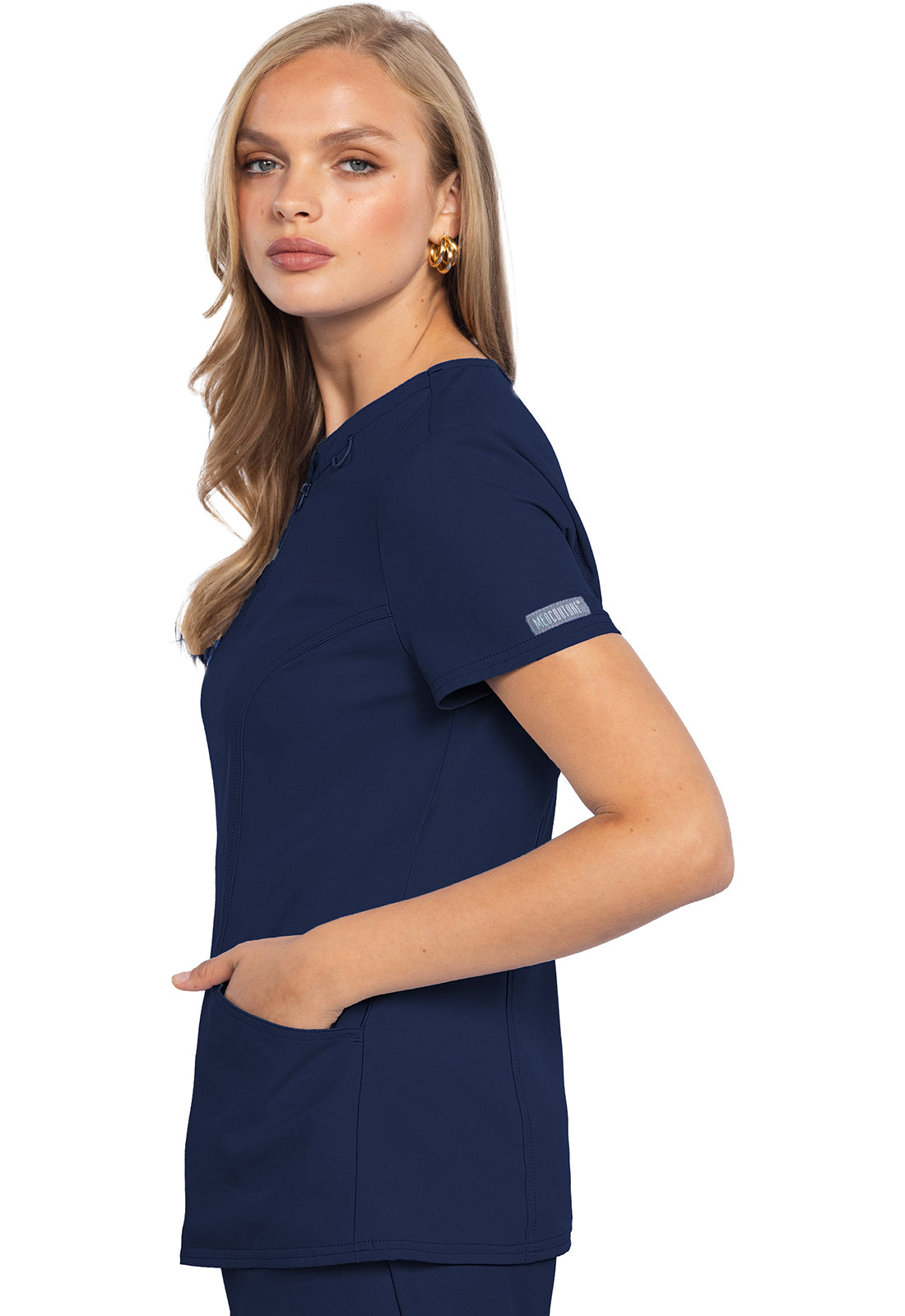 Insight MC609 Zip Front Henley Top Navy Model Image Right Side | Med Couture