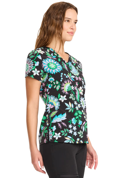 Prints MC632 Print V-Neck Top Bohemian Bloom Model Image Left Side | Med Couture