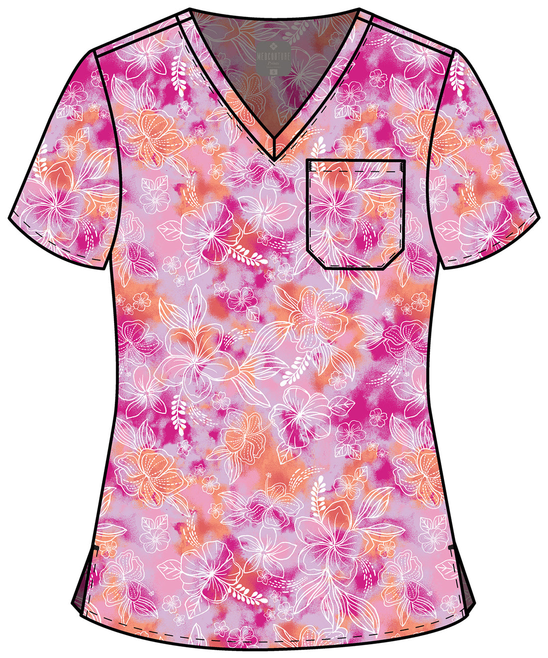 Prints MC632 Women's Print V-Neck Scrub Top Hello Hibiscus