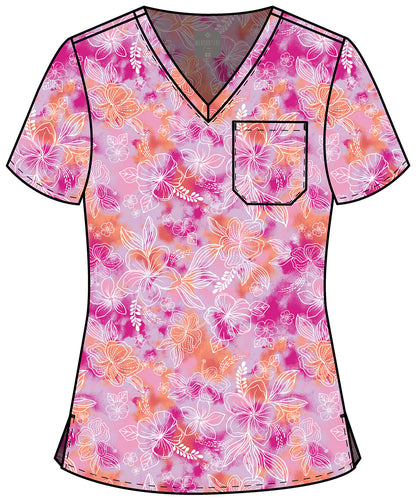 Prints MC632 Women's Print V-Neck Scrub Top Hello Hibiscus