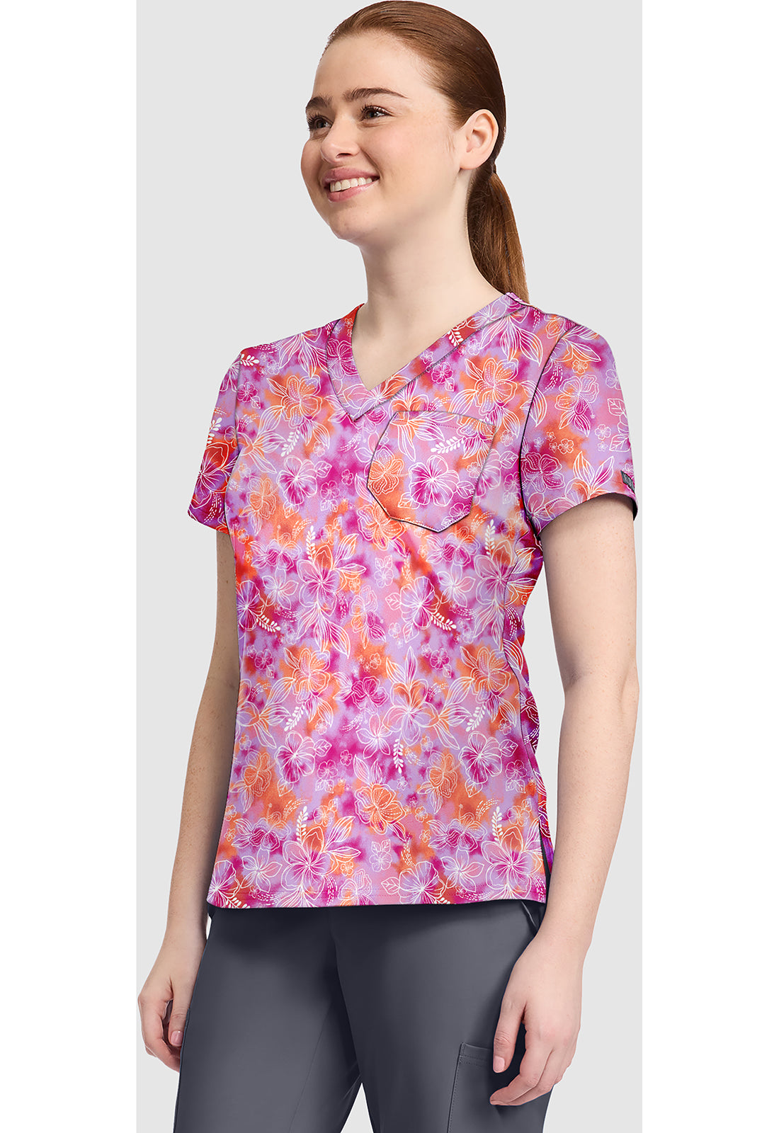 Prints MC632 Women's Print V-Neck Scrub Top Hello Hibiscus