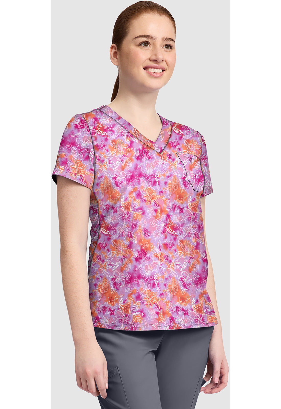 Prints MC632 Women's Print V-Neck Scrub Top Hello Hibiscus