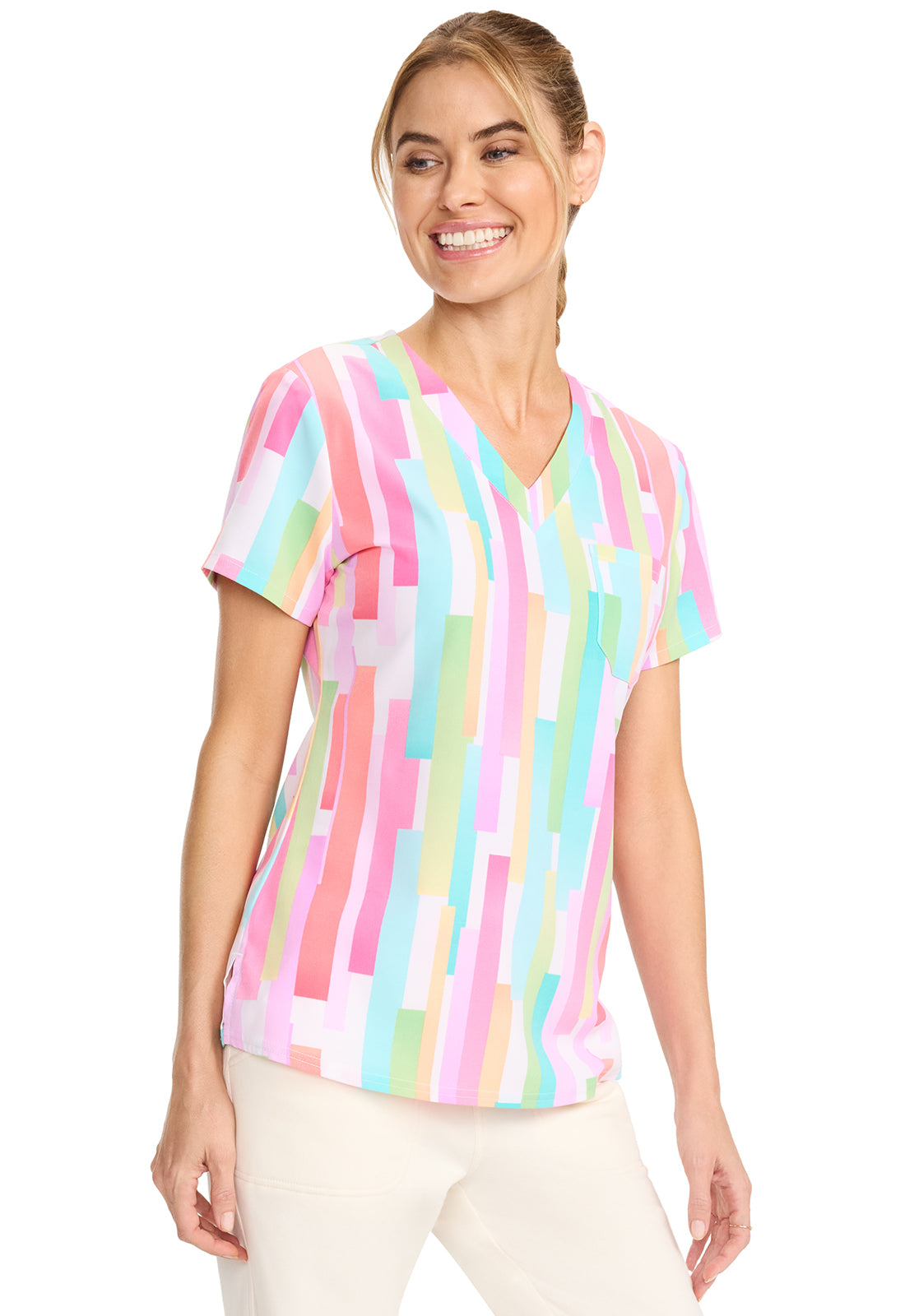 Prints MC632 Print V-Neck Top Pop Stripes Model Image Front | Med Couture