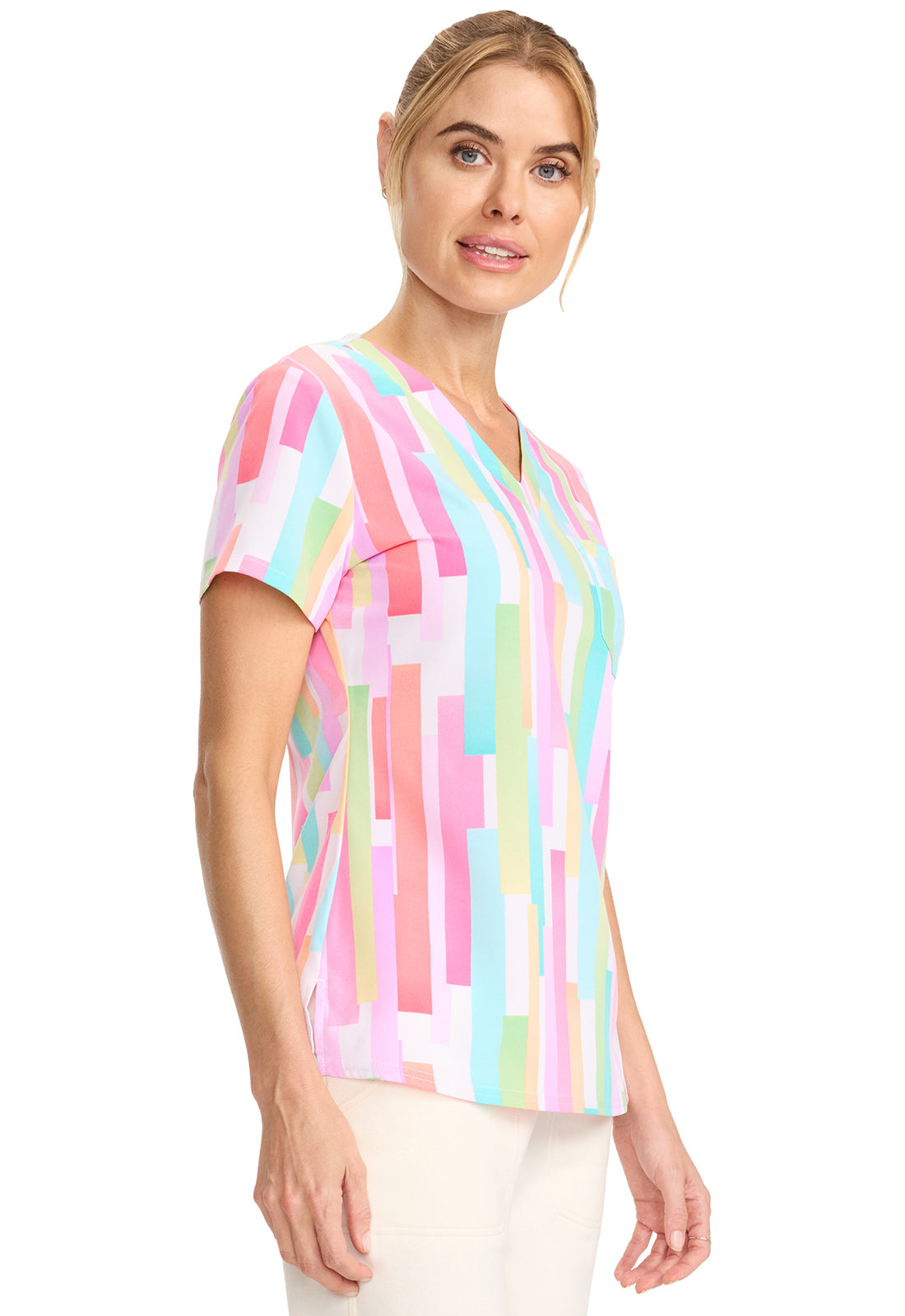 Prints MC632 Print V-Neck Top Pop Stripes Model Image Left Side | Med Couture