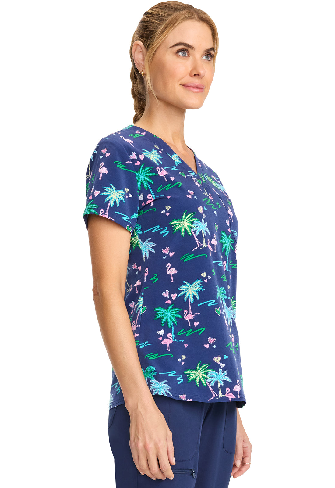 Prints MC632 Print V-Neck Top Tropic Love Model Image Left Side | Med Couture