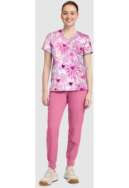 Prints MC632 Women's Print V-Neck Scrub Top Tie Dye Hearts