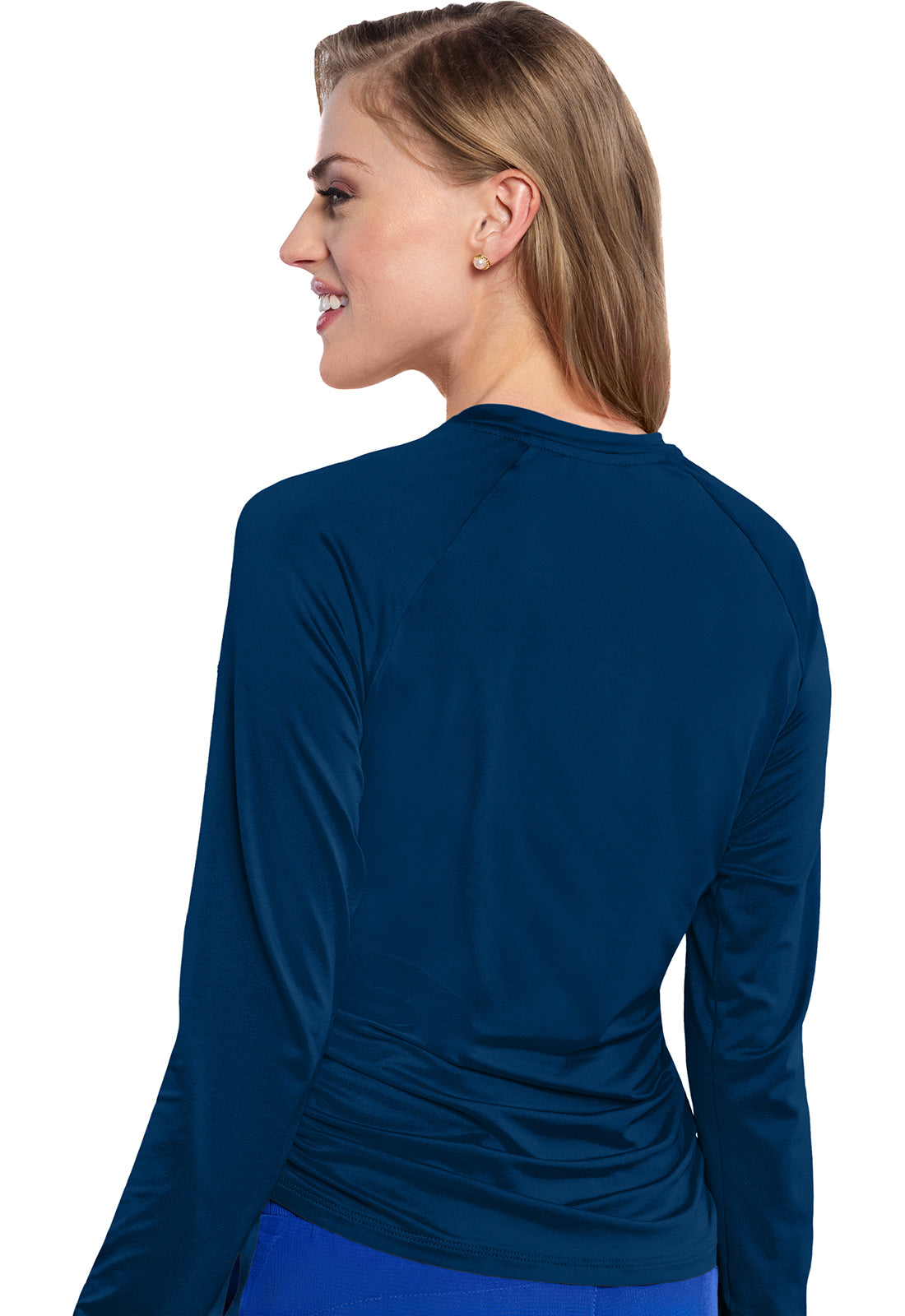 Layers MC700 Long Sleeve Ruched Underscrub Navy Model Image Back | Med Couture