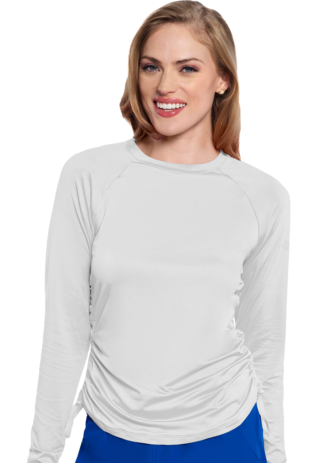 Layers MC700 Long Sleeve Ruched Underscrub White Model Image Front | Med Couture