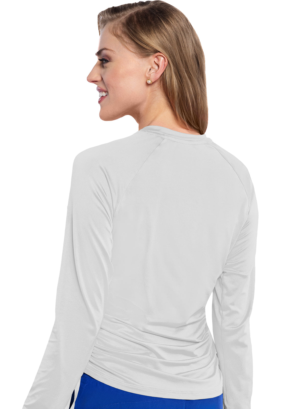 Layers MC700 Long Sleeve Ruched Underscrub White Model Image Back | Med Couture